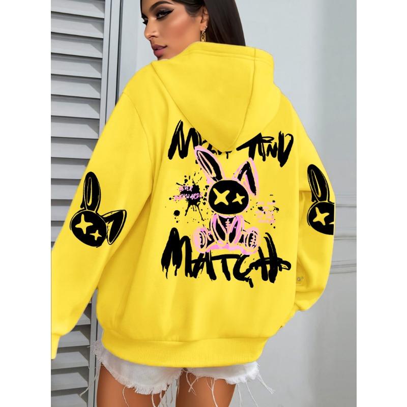 Mix And Match Cartoon Rabbit Prints Women Hoodie Pocket Streetwear Loose Hoody All-Match Fleece Female Clothing