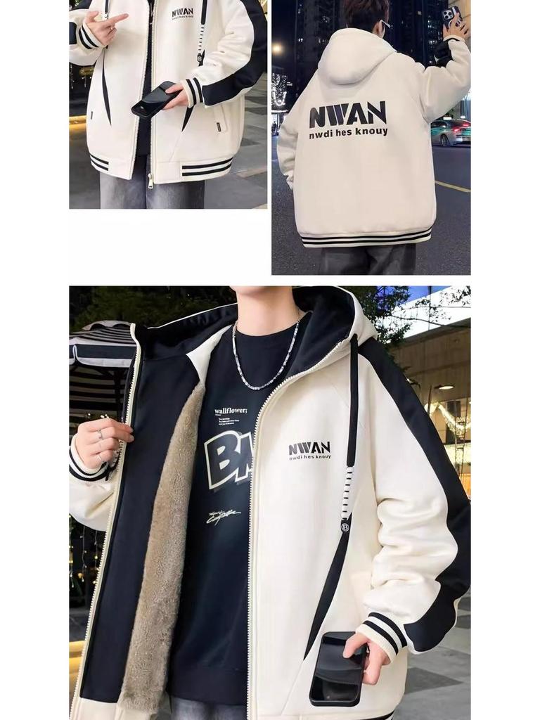 Men's Winter Fleece-Lined Hooded Baseball Jacket - Loose Fit, Plus Size Trend.