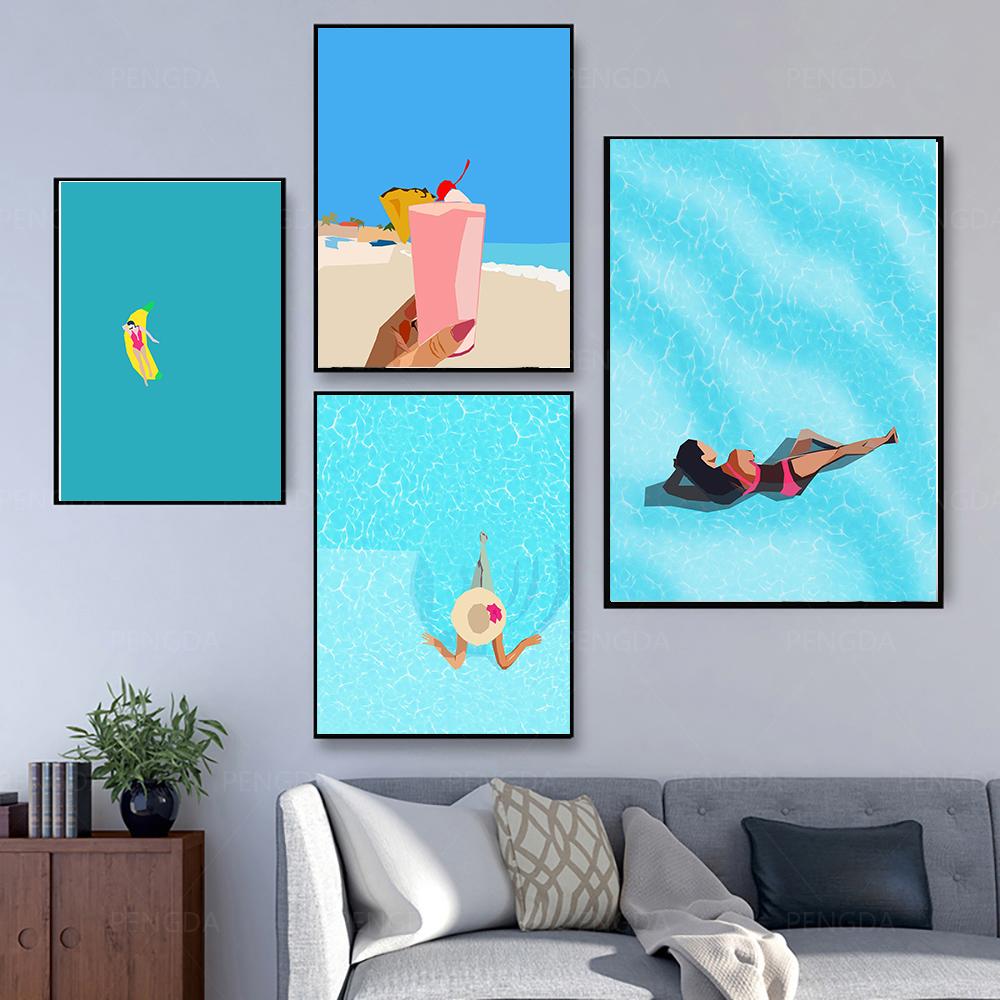 Arte de parede para festa na piscina de verão, impressão minimalista, imagem de viagem, pintura em tela de garota de spa, pôster nódico, decoração de sala de estar