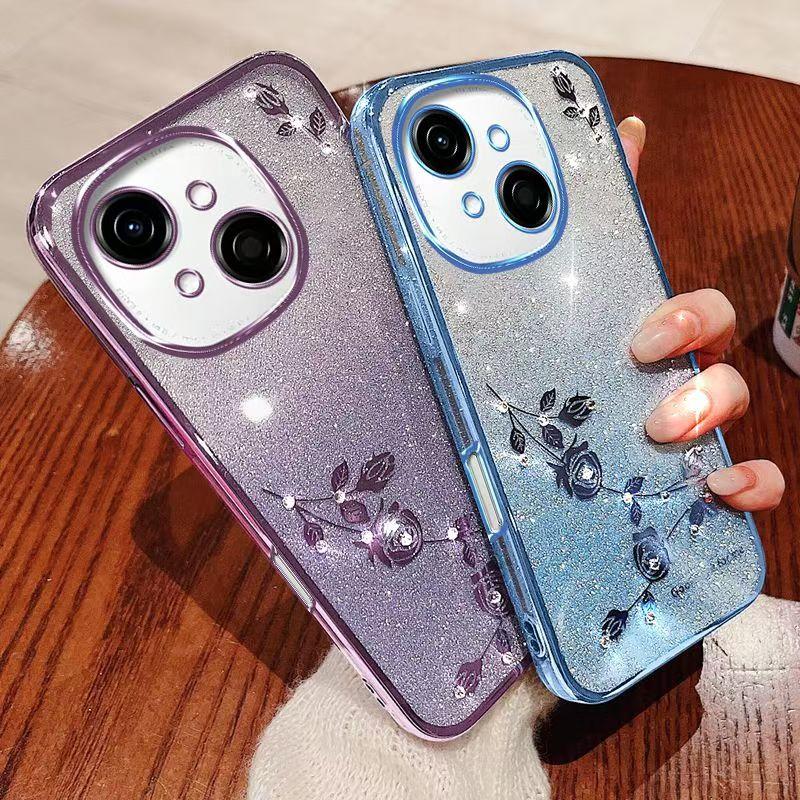 Pouzdro na telefon pro Tecno Spark Go 1 Flashově růžové Květinové Průhledné Ochrana proti nárazům Luxusní Diamantový Třpytivý Ochranný Kryt