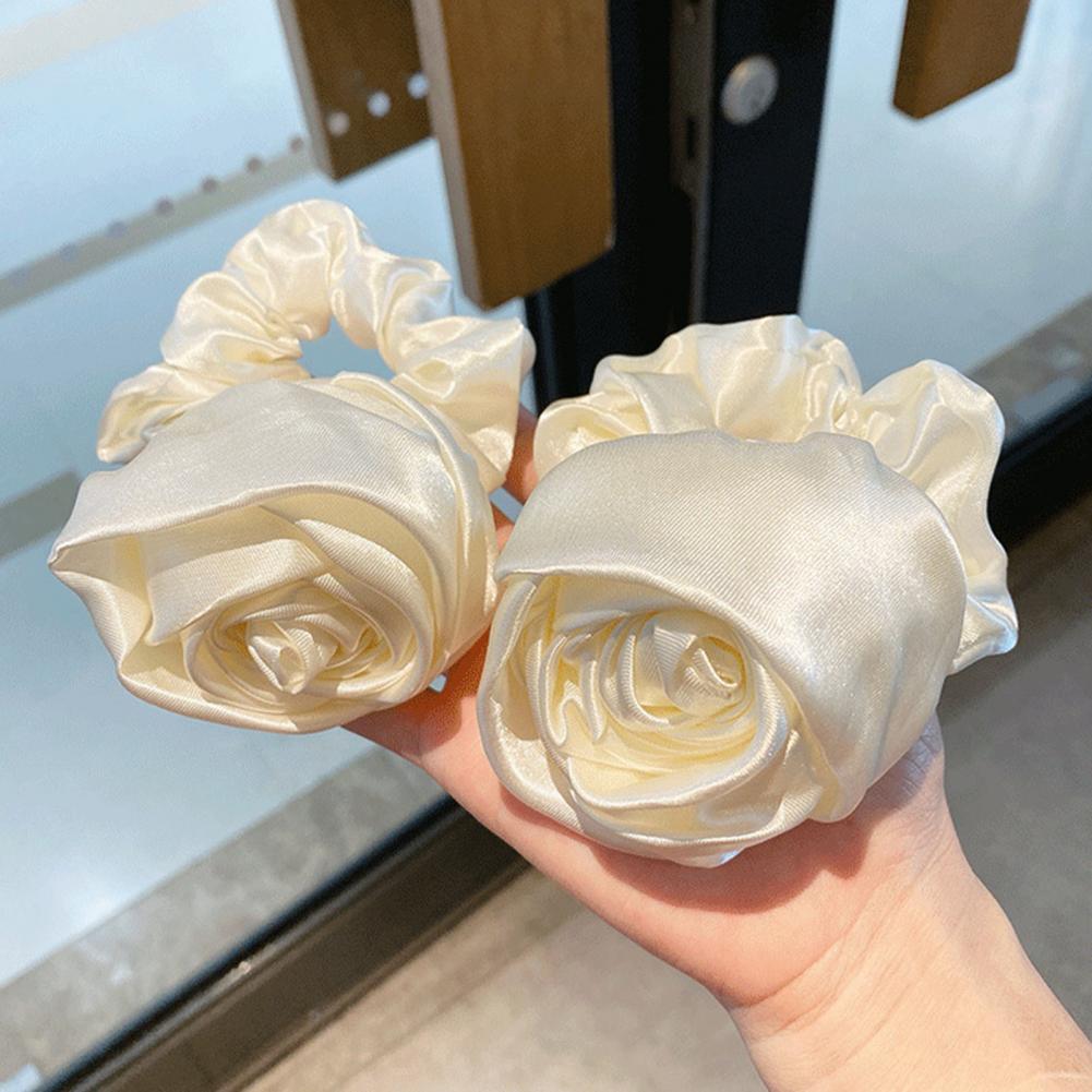 Charming Hair Tie Elegant Satin Rose Hair Rings for Stylish Women 3d Flower Decor Elastic Bands for Scalp-friendly Hair