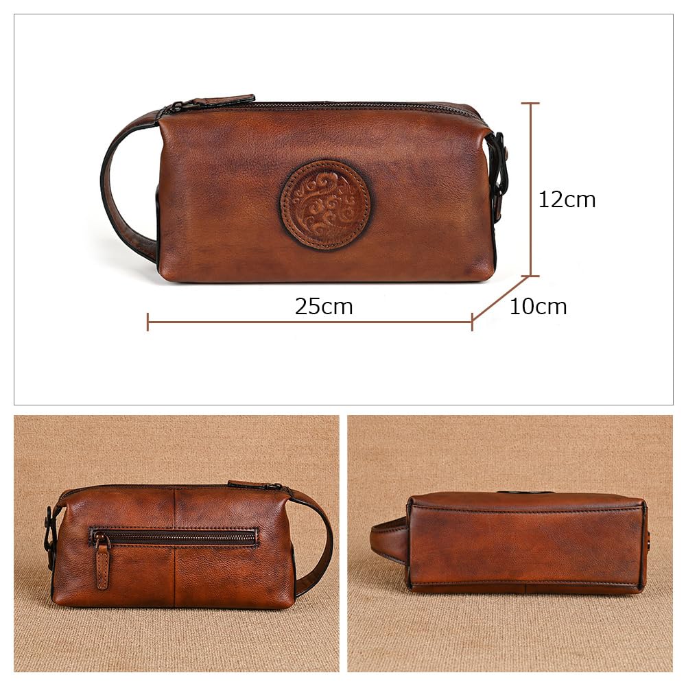 Whatna Antique-Style Tanned Natural Cowhide Leather 2-Way Mini Second Bag for Men, Handbag, Clutch, Small Box-Shaped Bag, Genuine Leather, Formal,