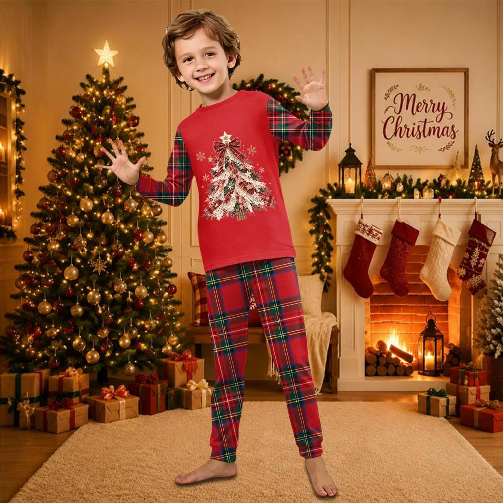 Christmas-print long-sleeve and long-pant matching family loungewear set