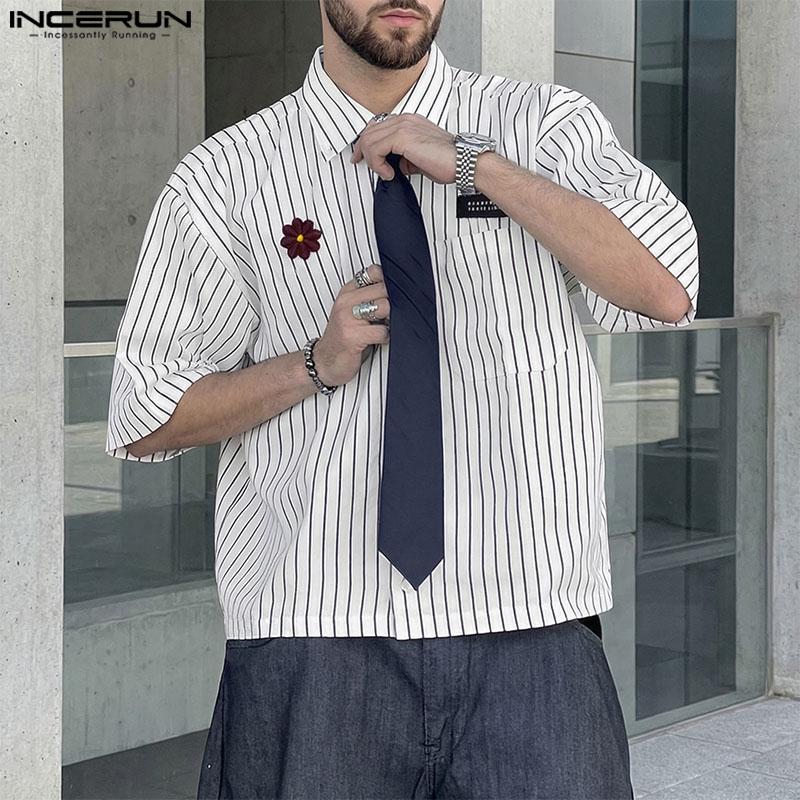 Men Up Summer Tie Incerun Half Sleeve Striped Loose Casual Shirts Tops