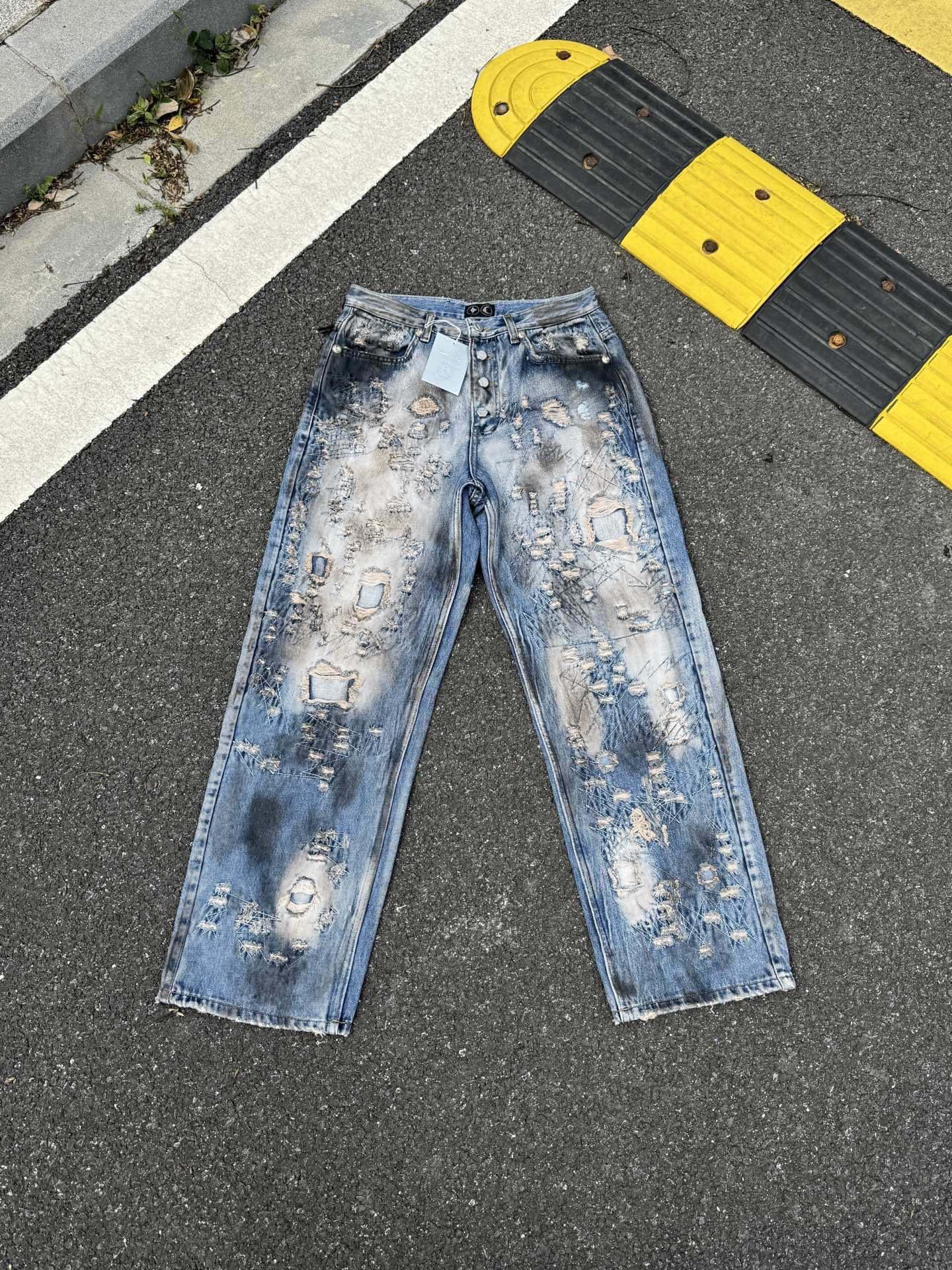 Jeans Tide Inkjet Graffiti Vintage Distressed Loose Ripped Wide Leg Casual Pants Trousers 1