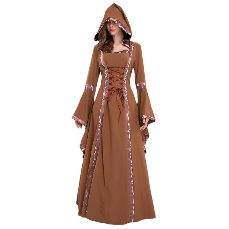 

Желаю Средневековое Ретро Платье с Капюшоном Длинное Платье с Квадратным Вырезом и Шнуровкой, Расклешенными Рукавами, Костюм на Хэллоуин XL коричневый