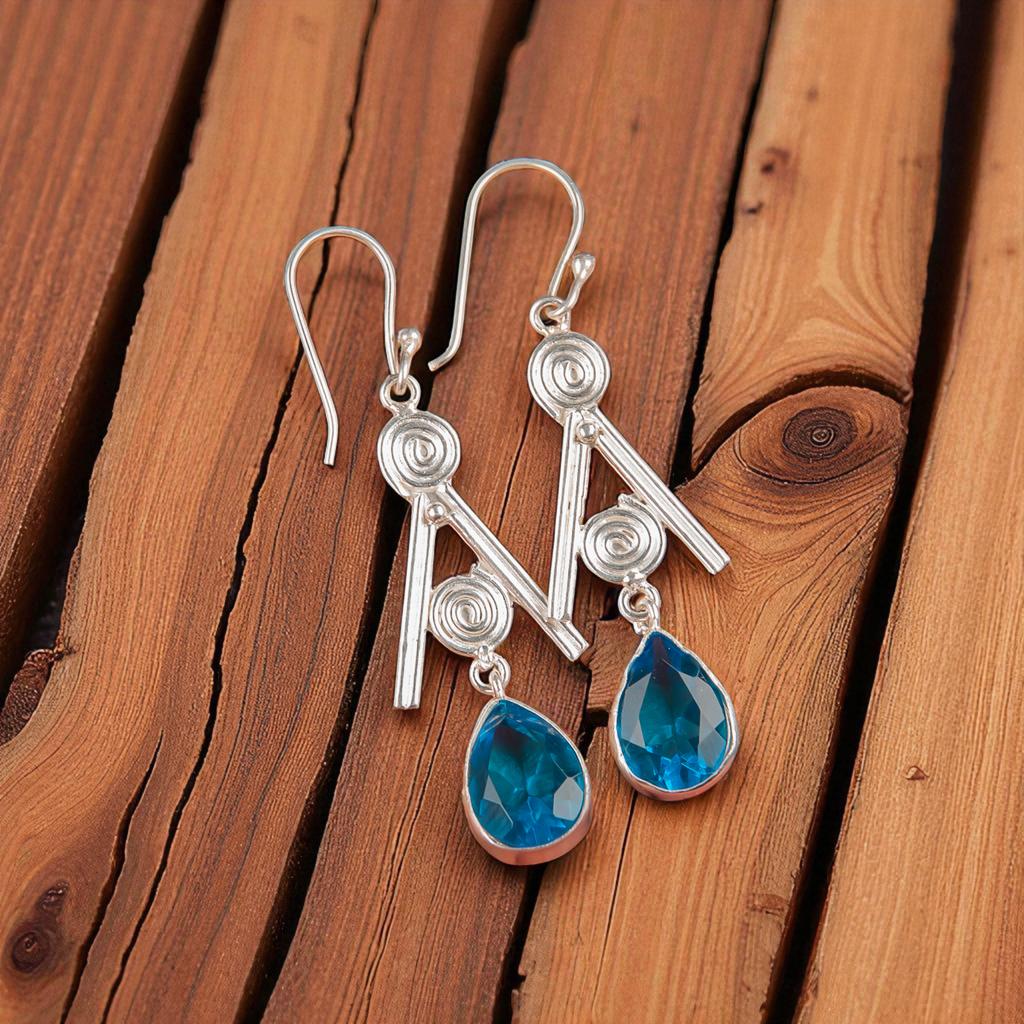 Swiss Blue Topaz Gemstone 925 Sterling Silver Jewelry Handcrafted Earrings 2.4" EE-86-8