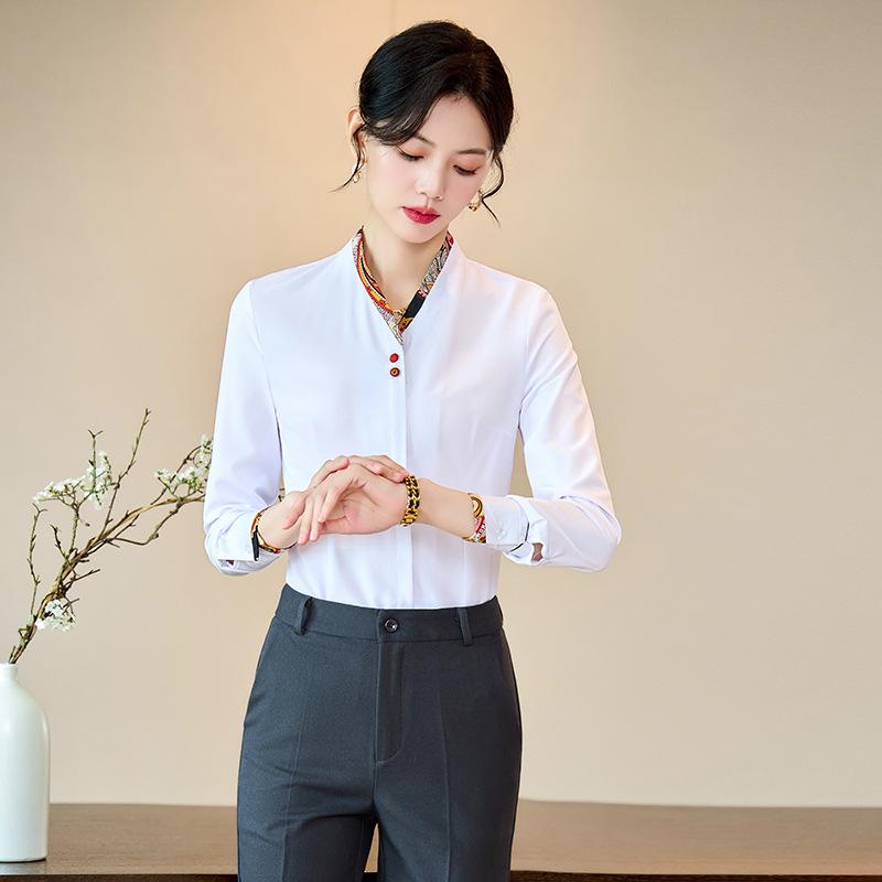 High-End Women's White Long Sleeve Shirt 2024 - Spring/Autumn Hotel Reception & Catering Uniform