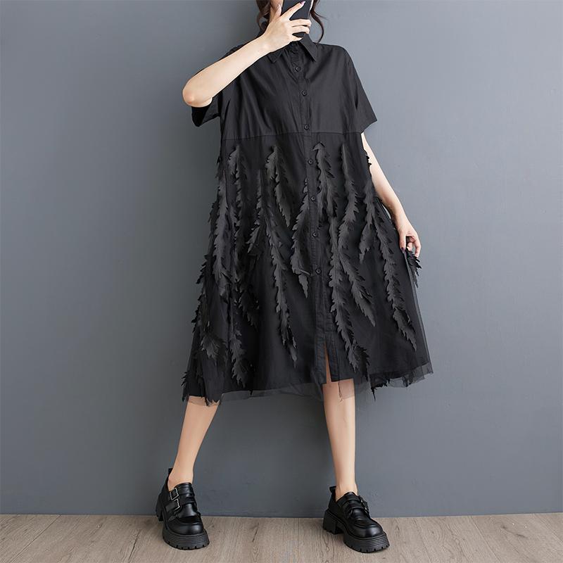 DIMANAF 2025 Summer Plus Size Dress Women Dress Loose New Vintage Casual Basic Lace Spliced Shirt Dress