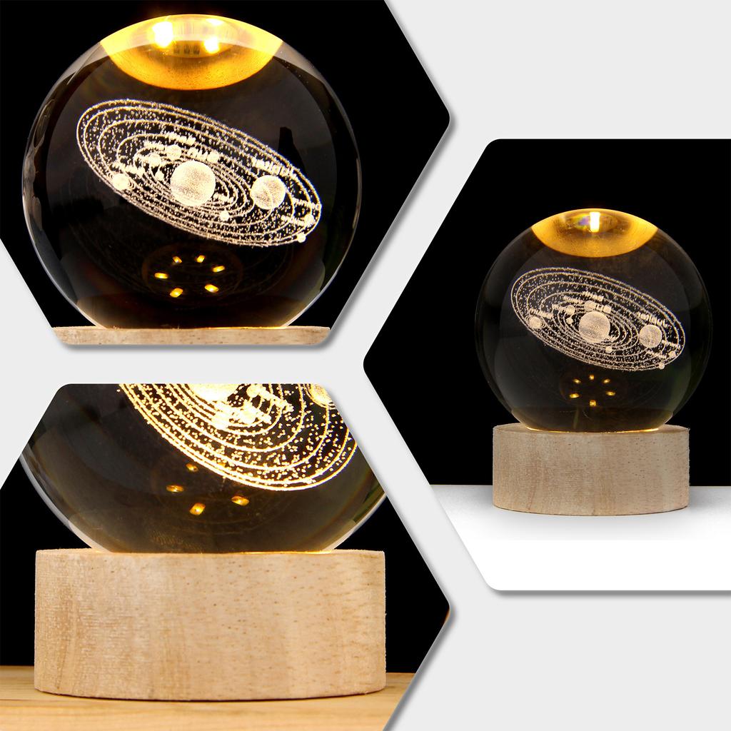 3D Crystal Ball with Warm Light Wooden Base Small Night Light Desktop Decoration Ornaments Holiday