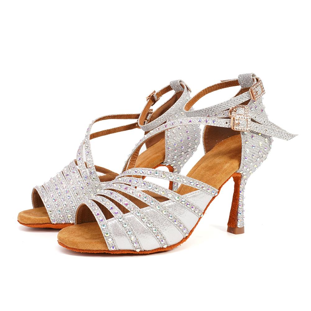 Women Latin Dance Shoes Shining Rhinestone Dancing Shoes Flare Heel 9cm Narrow Foot Adjust Width