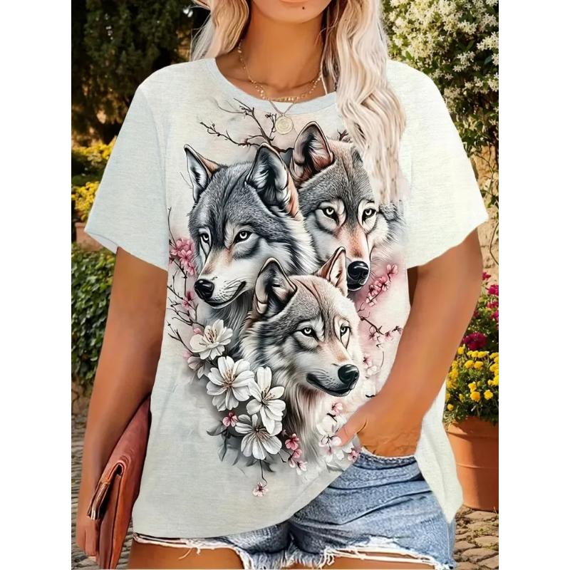 Fashion Women's Crew Neck Short Sleeve 3D Flower Color Printing Flower Short Sleeve Crew Neck T-Shirt