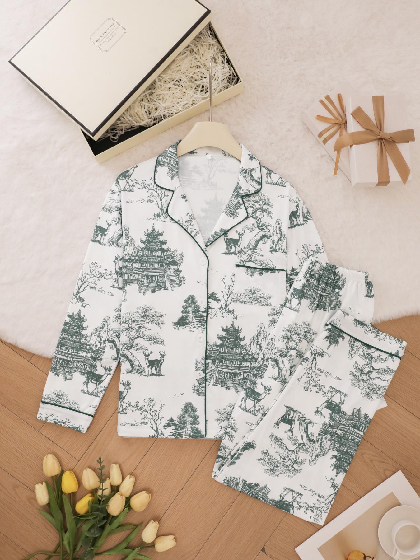 

Women s Summer Pajamas Set: Printed Turn-Down Collar, Long Sleeve, Long Pants, Comfortable Casual Homewear Extra Large