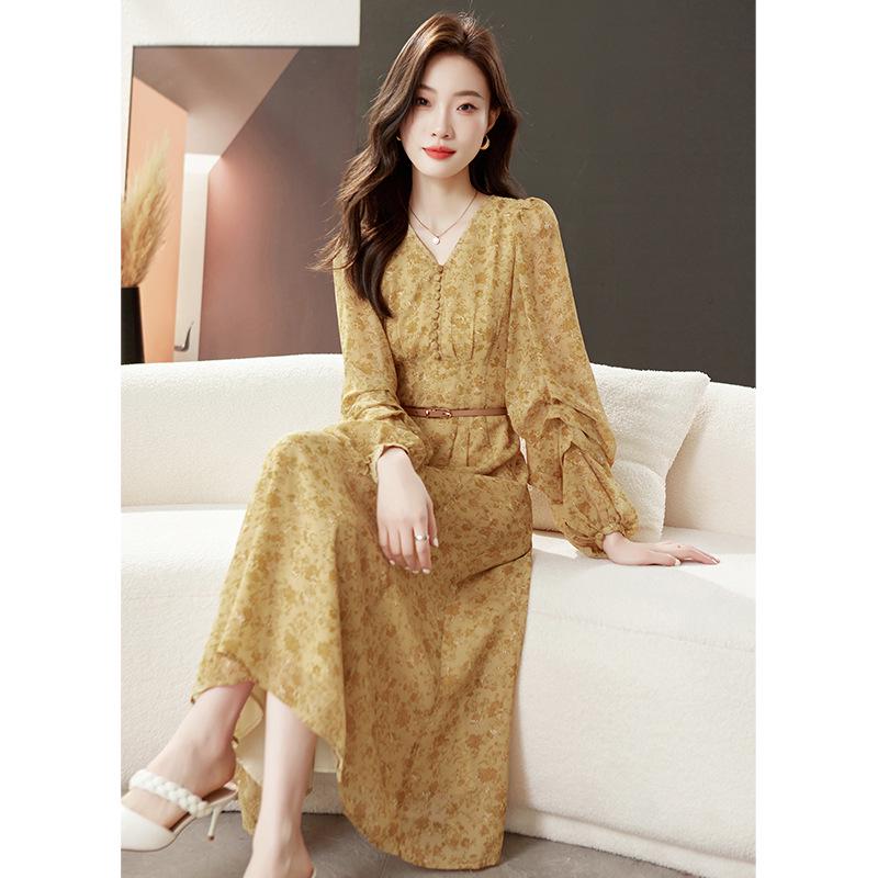 Floral V-Neck Long Sleeve Dress - Liu Yifei Inspired