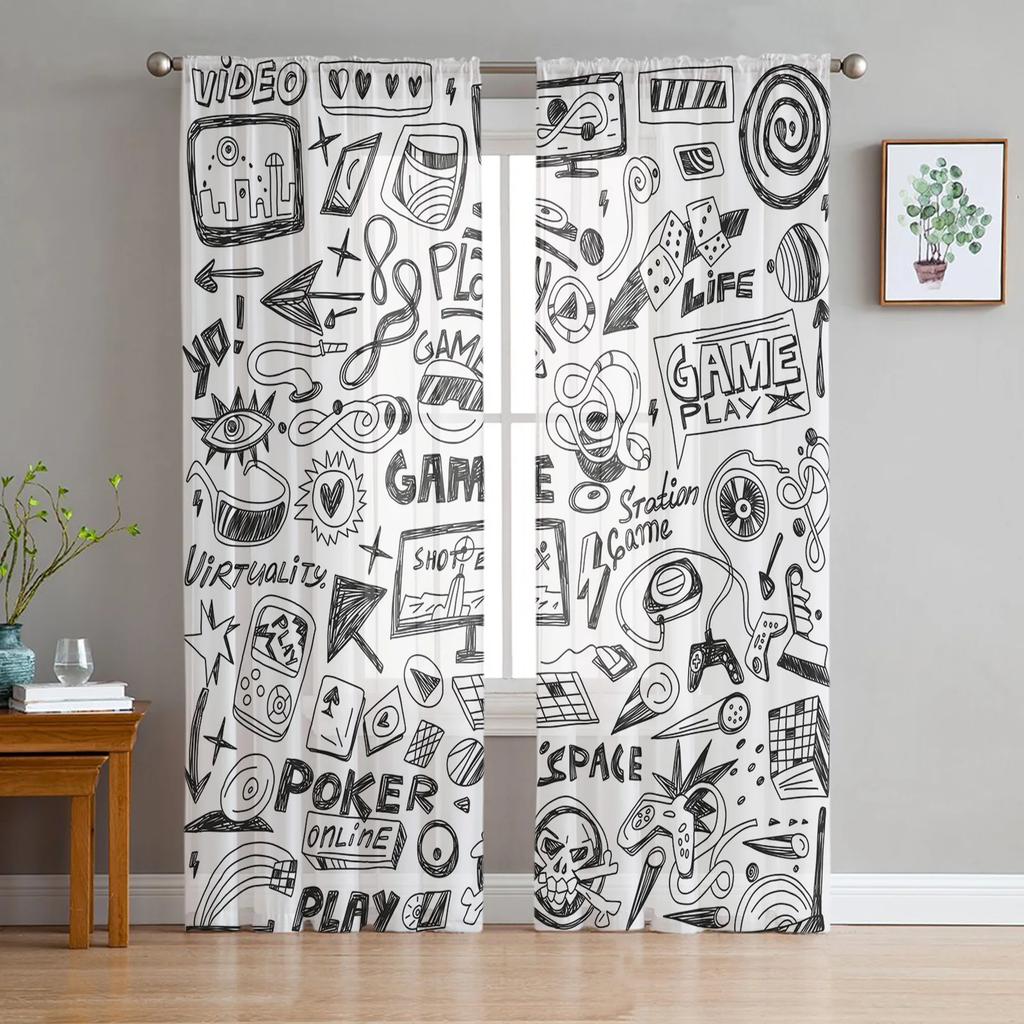 Gamepad Computer Keyboard Translucent Curtains for Bedroom Space Living Room Decoration Window Drape Kitchen Area Tulle Voile Organza Curtains