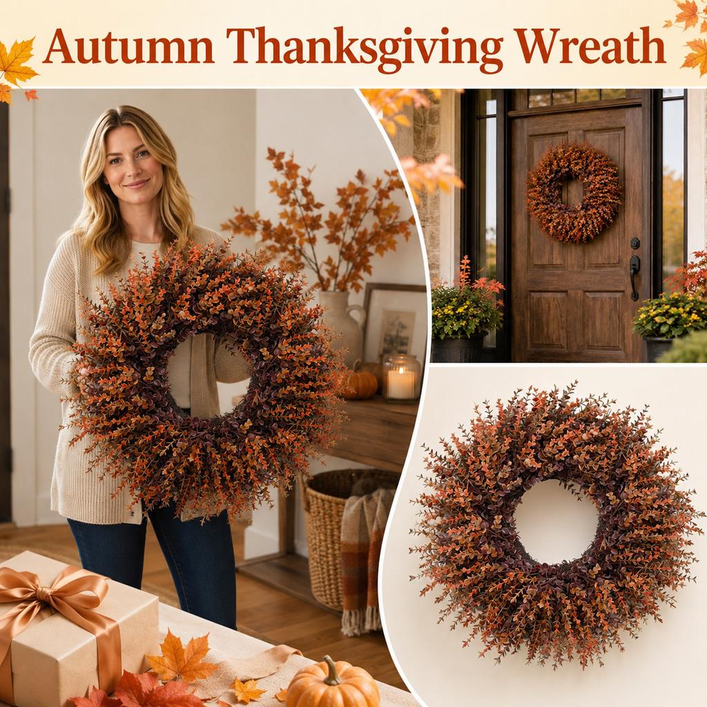 Couronne de Thanksgiving avec Feuilles de Buis pour Porte d'Entrée Décoration de Maison