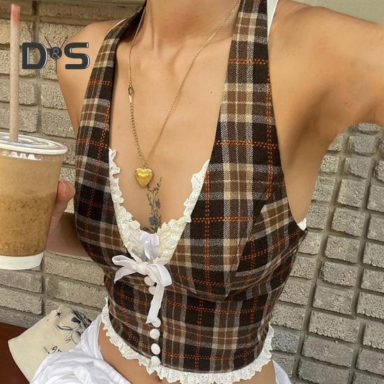 Sexy vesta Halter Šněrovací topy bez rukávů s odhalenými zády a kostkovaným vzorem s krajkovou dekorací Slim Fit Topy ve francouzském stylu