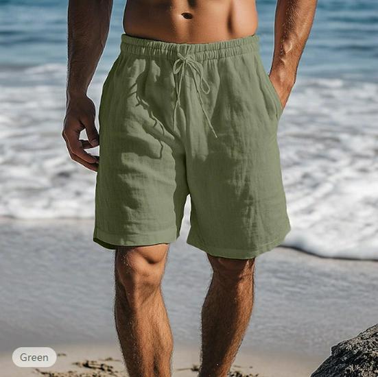 

2025 Breathable Cotton Linen Drawstring Shorts - Elastic Waist, Straight Leg, Solid Color, Beach-Ready, Mid-Length Casual Pants M армия зеленый