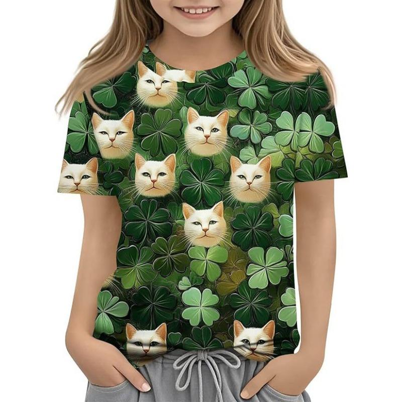 Fashionable Summer Trendy High-quality Four Leaf Clover Pattern Children's Women's Short Sleeved Round Neck T-shirt