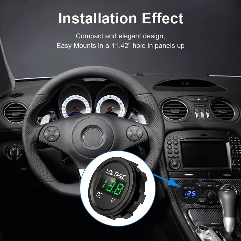 DC 12V 24V Waterproof Car Voltmeter LED Digital Display Panel Round Voltage Gauge for Car Motorcycle Truck Boat ATV UTV