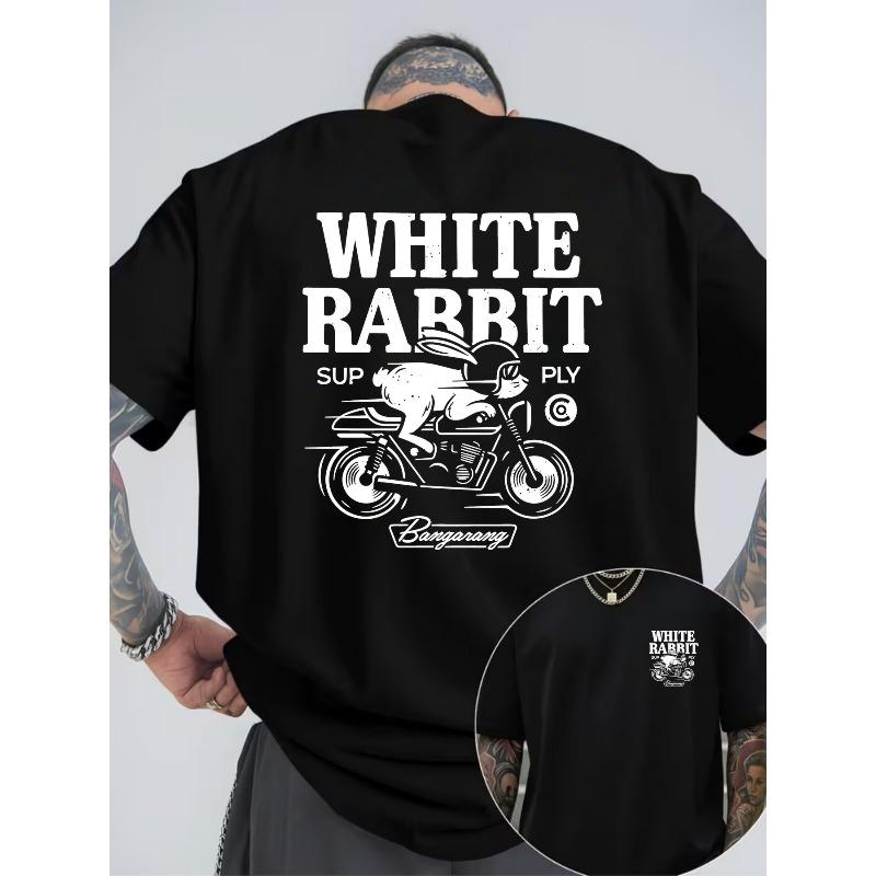 European Sizes Men's Trendy Streetwear White Rabbit Riding a Motorcycle Print Short-Sleeve T-Shirt for Daily Casual Fashion