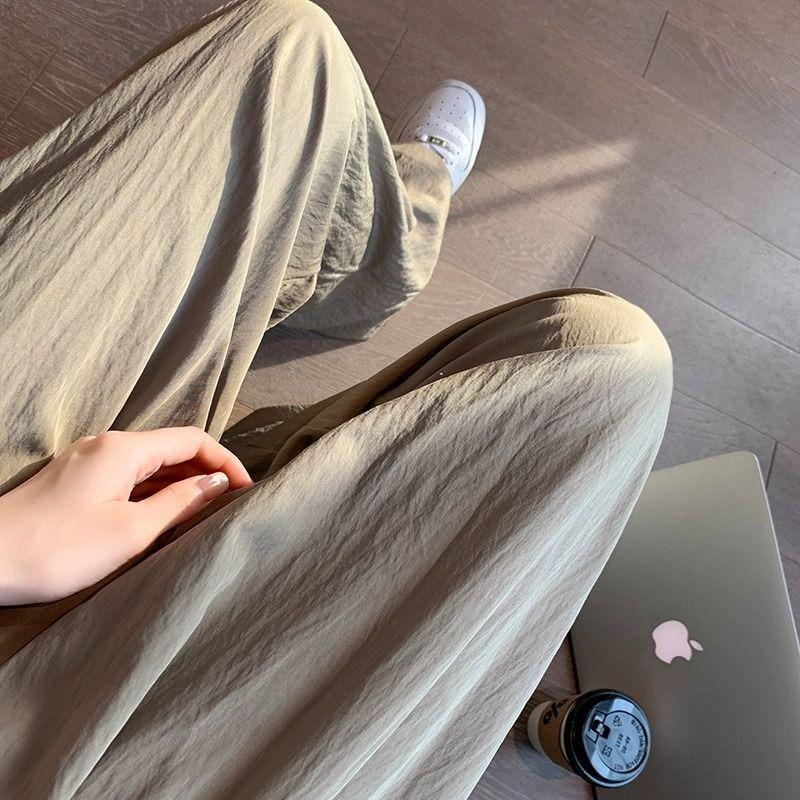 Ice silk cotton and linen leggings women's summer thin + wrinkled casual pants straight high waist drape breathable wide-leg pants