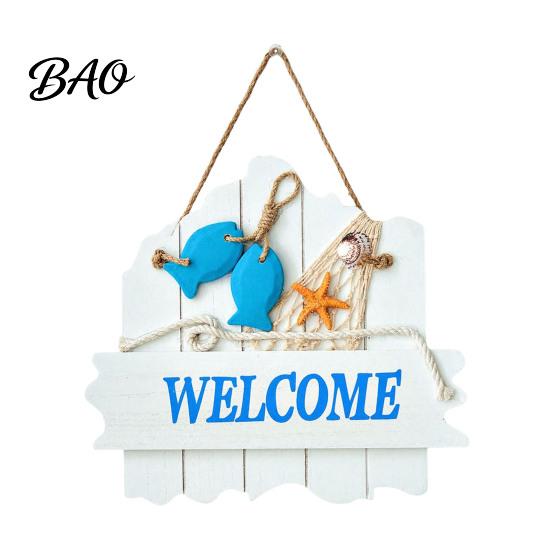 Beach House Accessories Mediterranean Style Wooden Welcome Sign, Starfish And Shells Hanging Seaside Inspired Wall Ornament Plaque, Decorative Art for