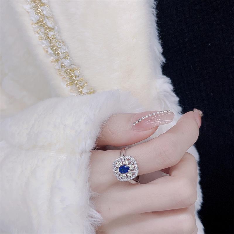 Elegant Blue Zirconia Jewelry Set: Retro Hollow-Out Earrings, Necklace  Ring for Women