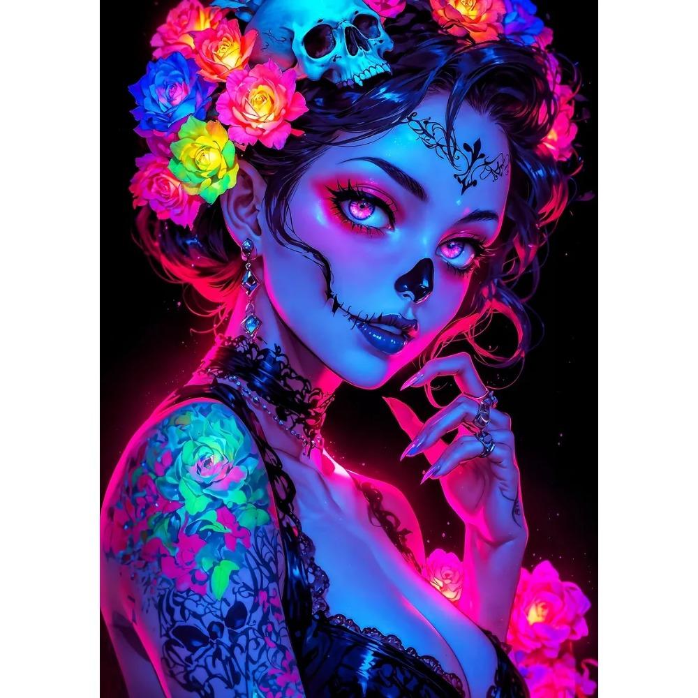 Terrifying Los Muertos Sugarskull Girl with Flowers Posters Day of the Dead Prints Canvas Printing Wall Pictures Home Room Decor