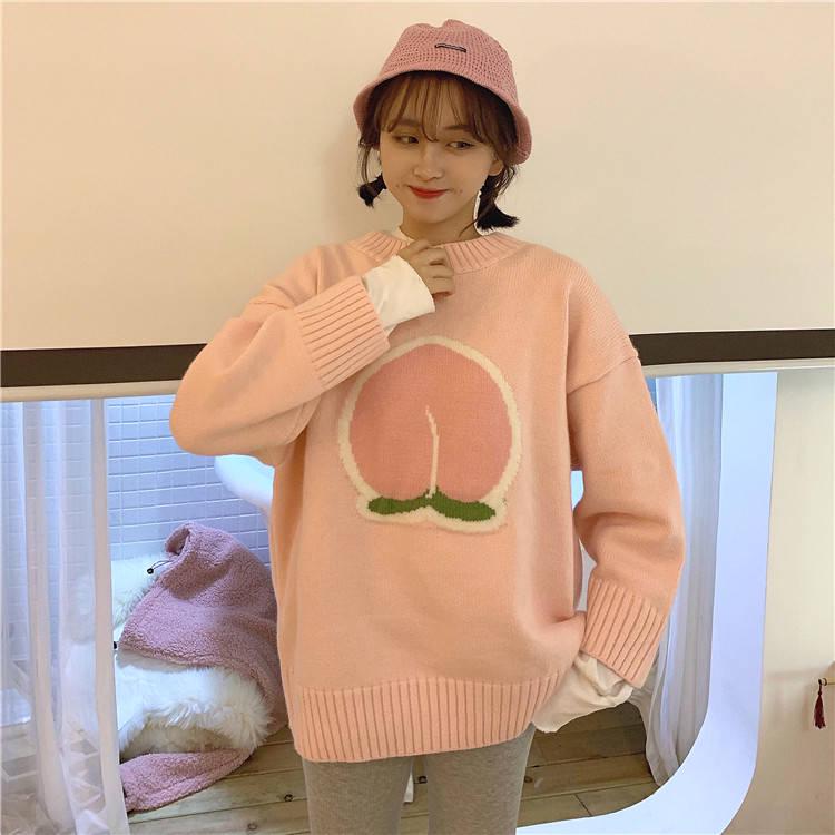 Pofulove Autumn Winter Fun Fruit Jacquard Sweater Loose Thick Long Sleeved Pullover Sweater Women