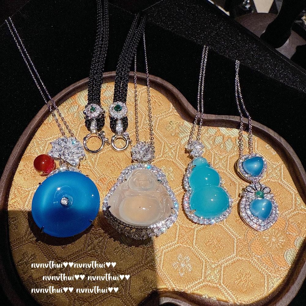Jewelry, Buddha Gong Necklace, White High Ice New Chinese Blue Chalcedony Safety Buckle Gem Necklace, Ladies