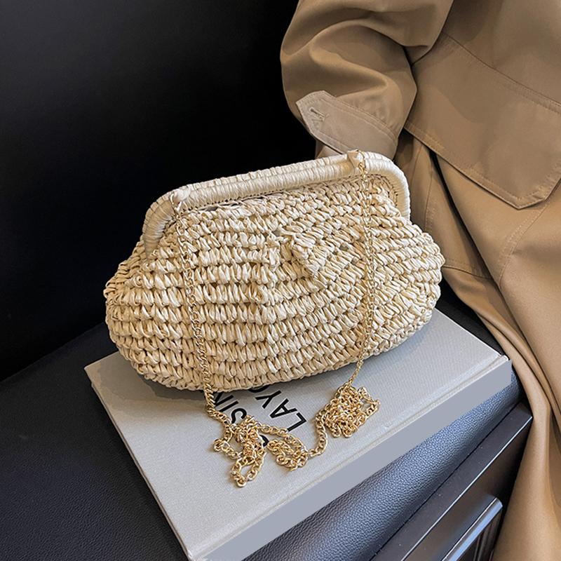 Summer Beach Fashion Hollow Out Women Clip Woven Shoulder Bag Straw Weave Chain Casual Crossbody Bags