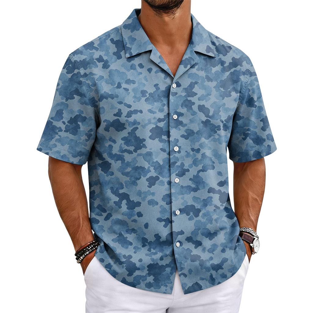 Men's Camouflage Short Sleeve Cuban Collar Shirt Lightweight Breathable Casual Button Down Shirt Summer Beachwear
