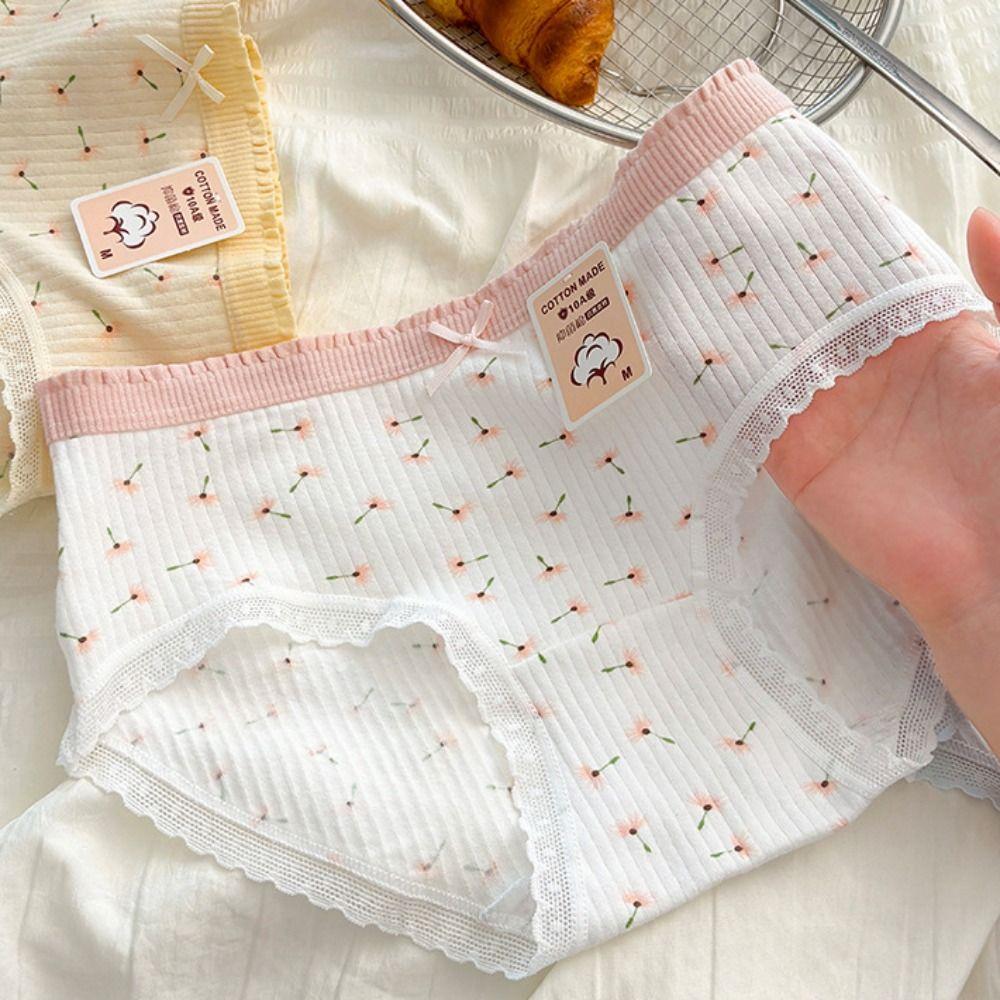 5Pcs Cotton Crotch Lace Flower Panties Bowknot Underwear for Women Soft Sweet Floral Briefs  Gifts