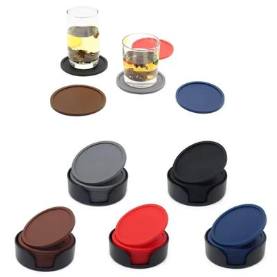 6 Pads 1 Plastic Holder Non-slip Silicone Drinking Coaster Set Holder Cup Coaster Mat Set Round Mat Home Office Table Decor