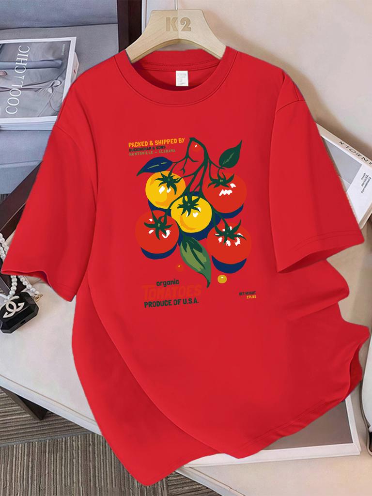 Summer Cotton T-Shirts Women Organic Tomatoes Produce Of Usa Prints Short Sleeve O-Neck Comfortable Loose Tops Casual Clothes