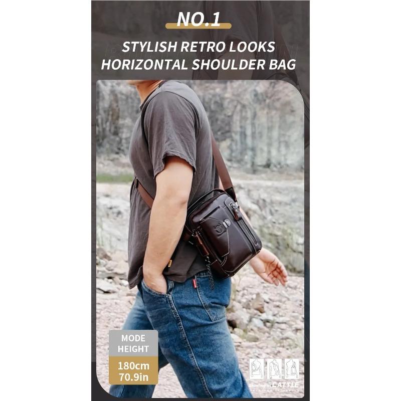 Cowhide men's single shoulder crossbody bag is breathable, wear-resistant, anti-theft, and can be stored with anti-theft brush