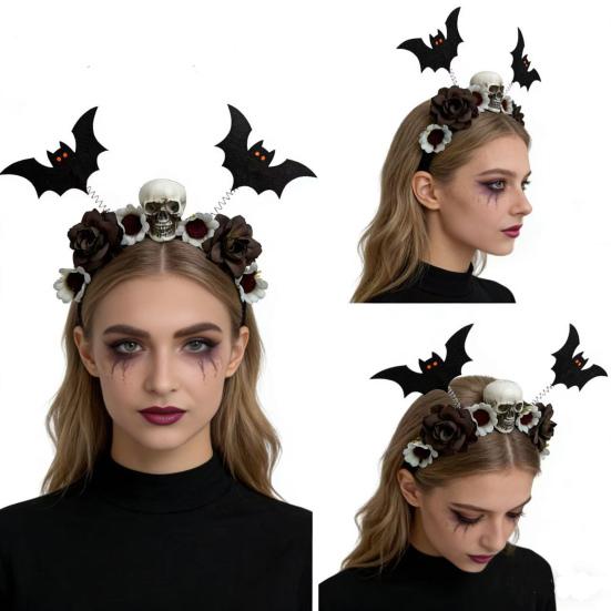 Decorative Cloth Headbands for Events Halloween Flower Skeleton Bat Headband, Gothic Floral Skull Hair Bands, Spooky Stylish Bands Accessory,