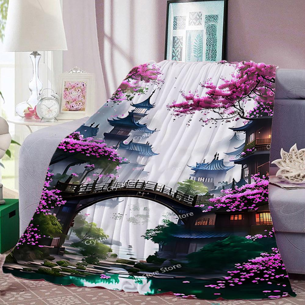 Japanese Architecture & Cherry Blossoms Flannel Blanket, Soft Warm Throw Blanket Nap Blanket For Sofa Office Bed Camping Trave