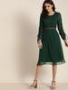Women Green Self Design A-Line Dress with Belt