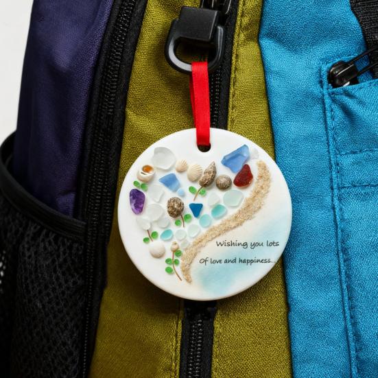 Wishing You Lots of Love And Happiness Sea Glass Ornament Handcrafted Round/Heart-Shaped Sea Glass Keepsake Christmas Tree Hanging Ornament