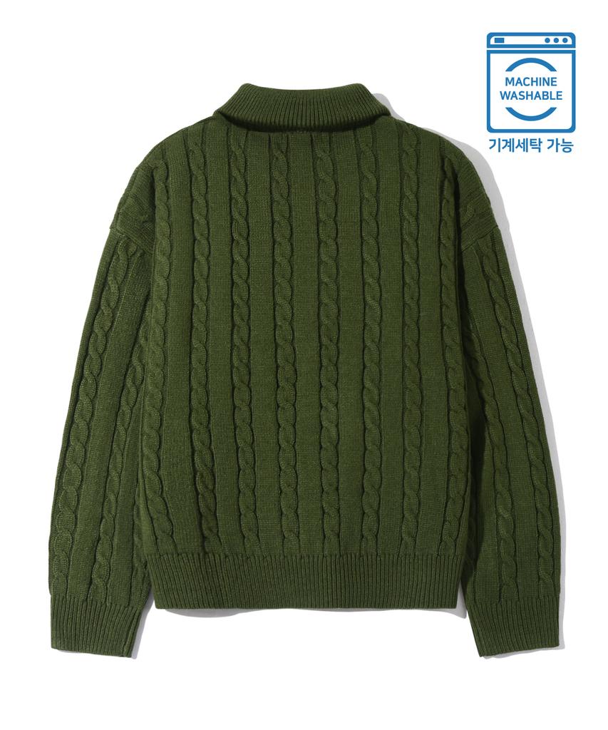 TRILLION Washable Half-Zip Collared Cable Knit (Khaki)
