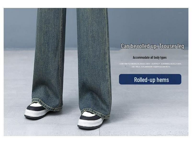 Damen High-Waist Fleecegefütterte und Einschichtige Weitbeinjeans - Frühling, Herbst, Winter Retro Schlankmachende Straight-Leg Bodenlange Hosen