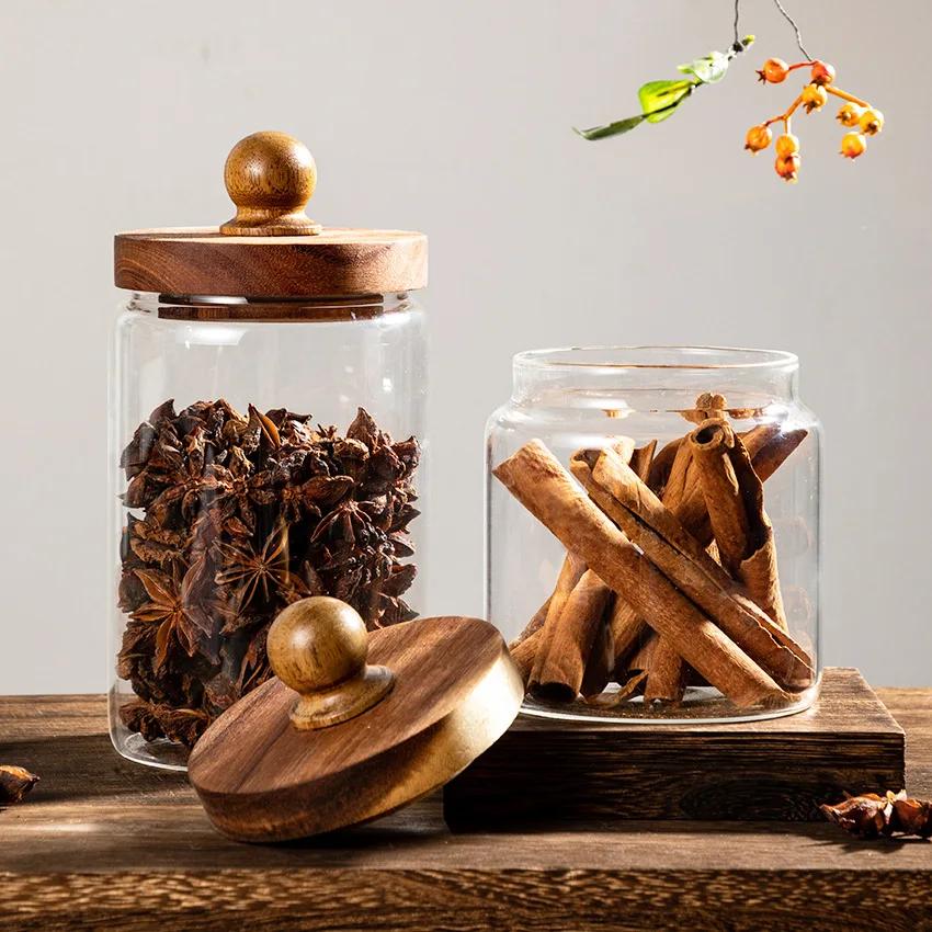 Glass Sealed Jar Spice Grains Large Dust-proof Storage Acacia Wood Cover Food Coffee Moisture-proof Storage
