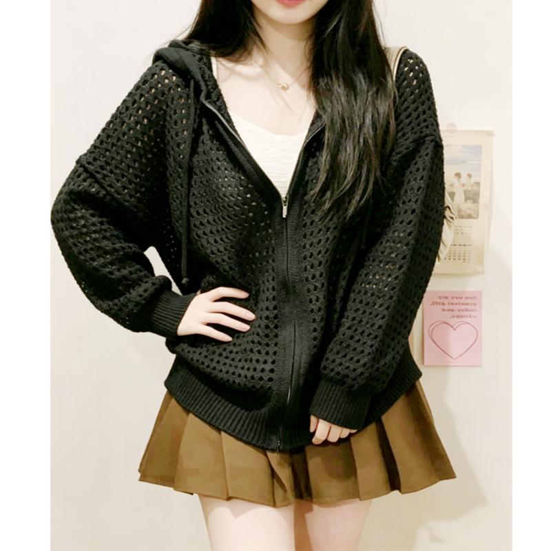 Women Hollow Out Knit Cardigan Hooded Zip Up Jacket Korean Style Spring Autumn Loose Lazy Thin Outerwear Casual Sweater Coat
