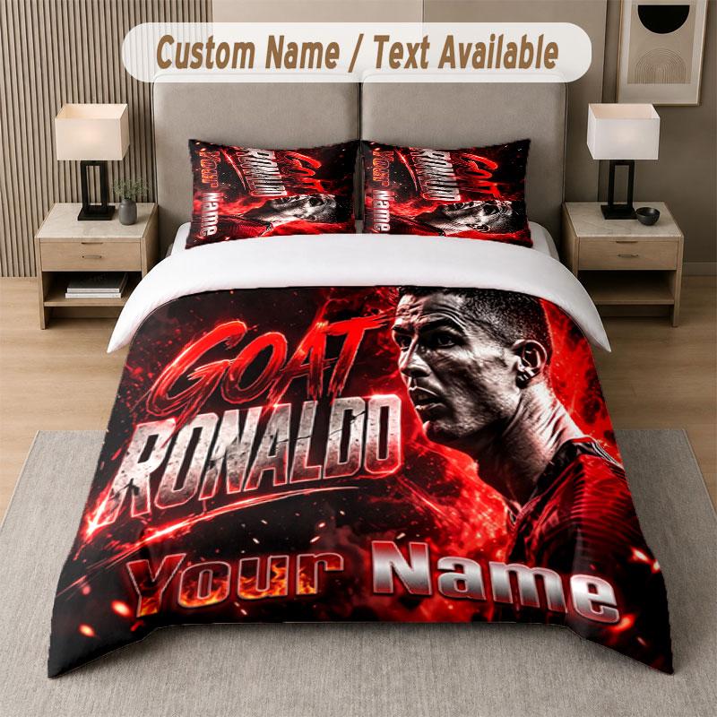 Set Biancheria da Letto Personalizzato Modello Cristiano Ronaldo, Stampa Nome Testo 1 Copripiumino più 2 Federe Tessile per la Casa