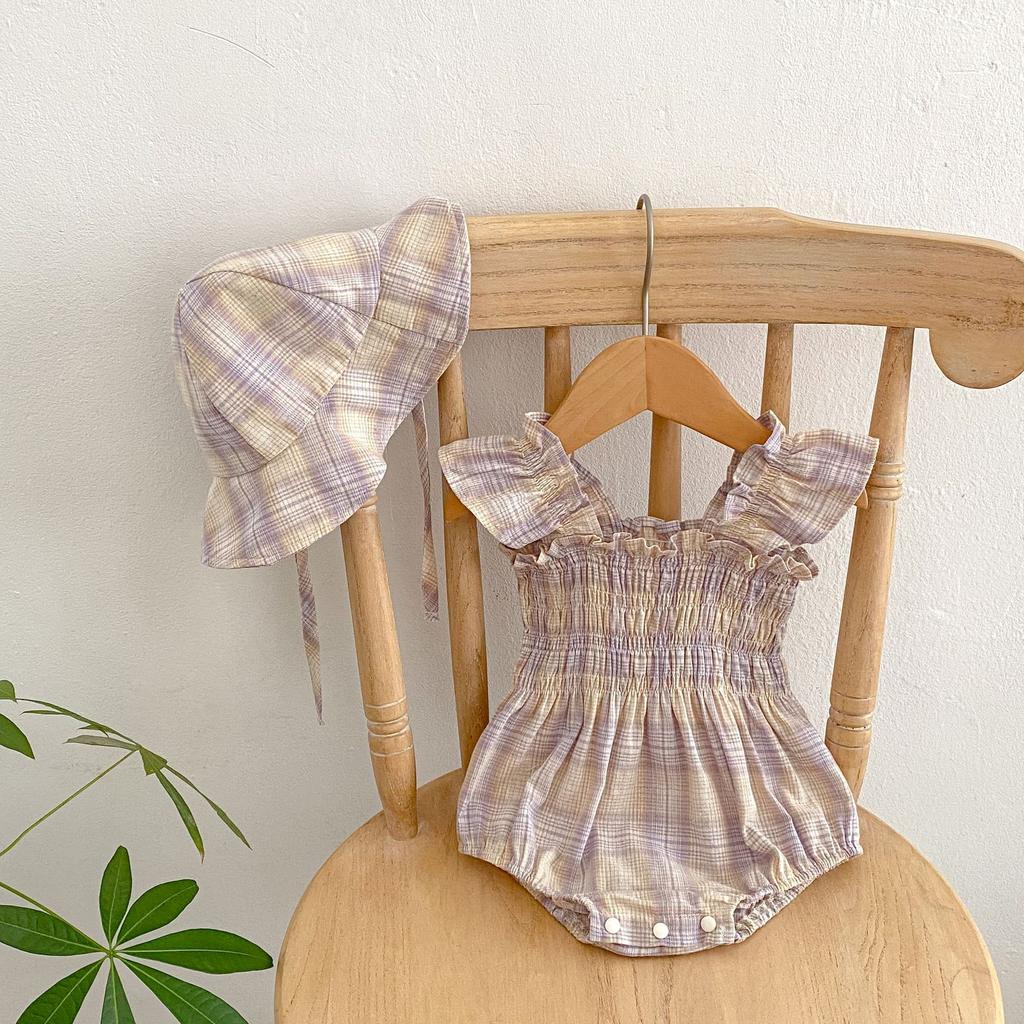 Baby Girl Summer Plaid Romper with Cap Short Flutter Sleeves Square Neck