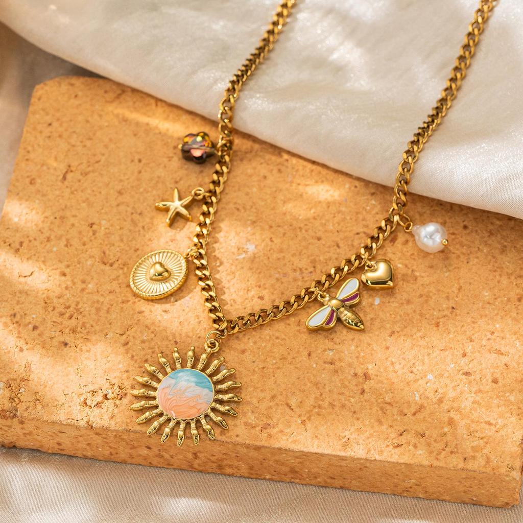 Bohemian 18K Gold-Plated Stainless Steel Sun Bee Pearl Pendant Necklace for Women