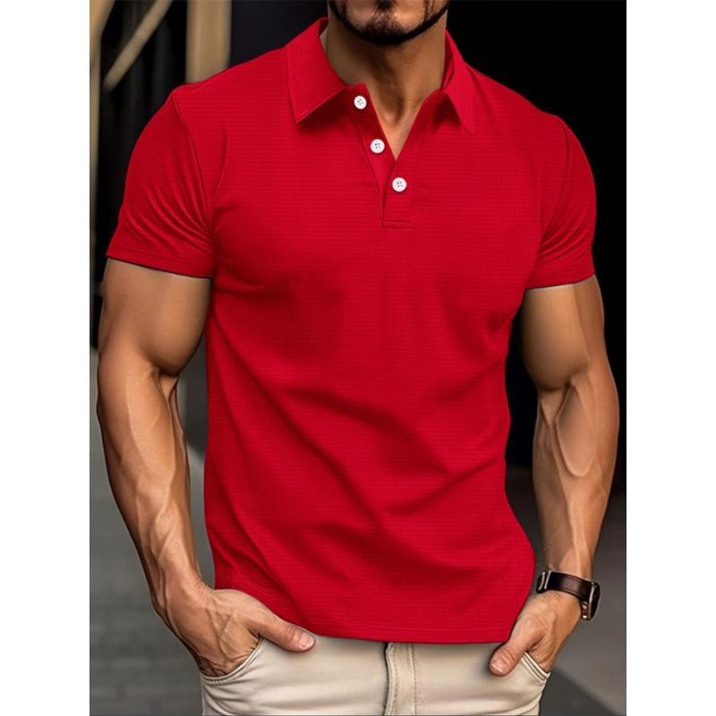 Men's Summer Waffle Striped Lapel Solid Color Button-up Short-sleeved Polo Shirt