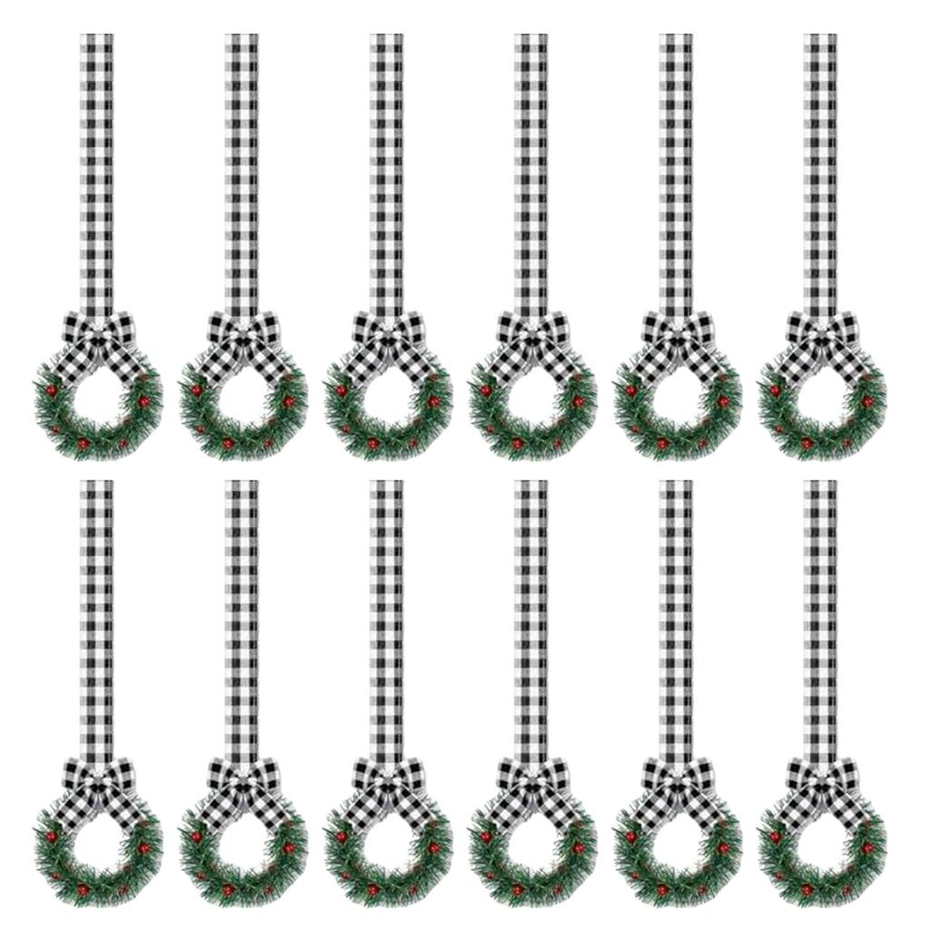 12Pcs Artificial Wreath 13cm Small Christmas Wreaths Ribbon Bows Wreath for Front Door Kitchen Cabinets Wall Window